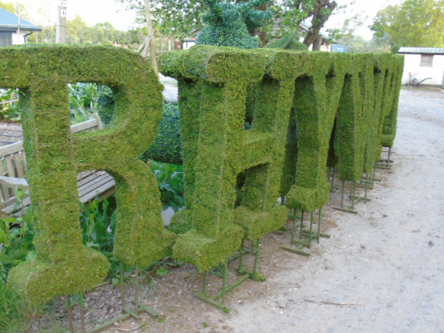 Dry dyed moss topiary letters in a typewriter style font.